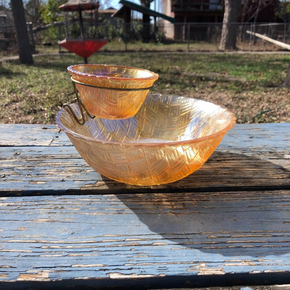 Vintage Indiana Glass Marigold Carnival Glass Chip & Dip Bowl Set